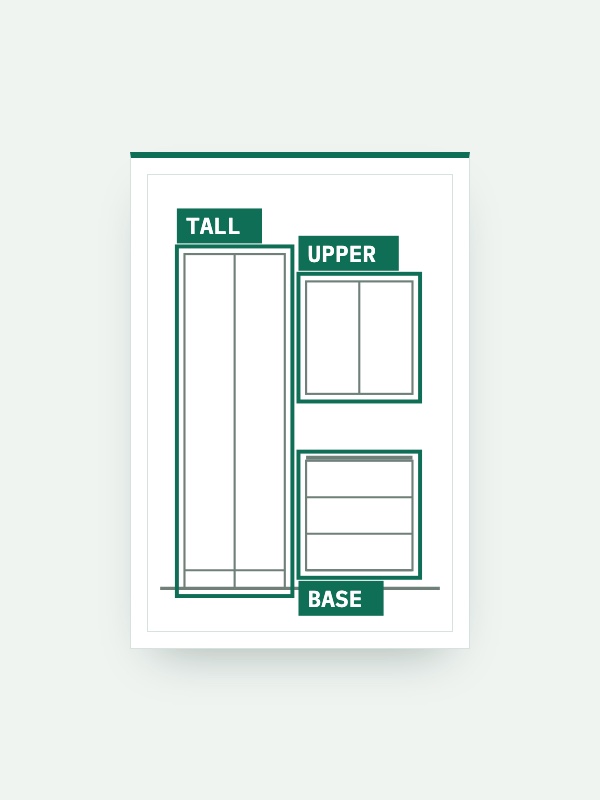 Diagram of an interior elevation with each cabinet boxed and tagged by a detection model, and a box around a door struck through as rejected.