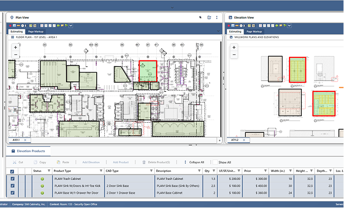 MillworkSuite plan view and elevation view with detected millwork elevations highlighted in red, and the linked product table with quantities and pricing below.