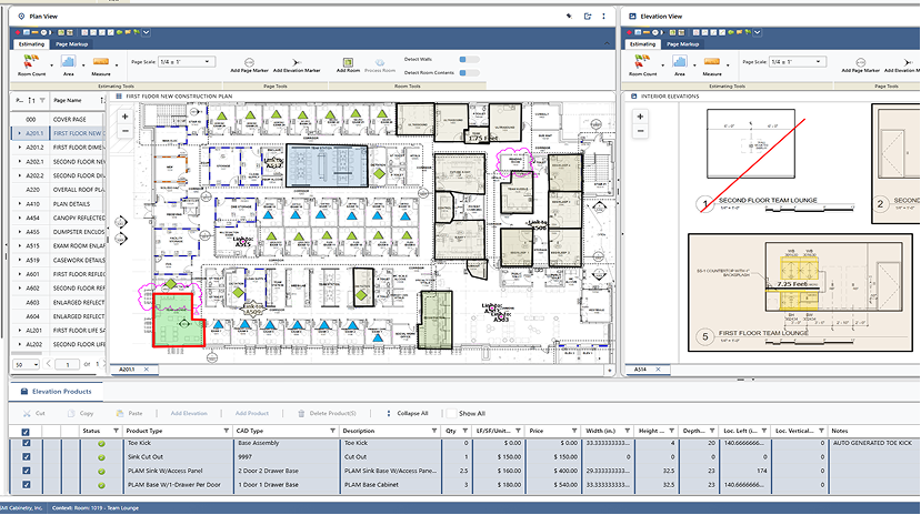 MillworkSuite plan view of a full commercial floor plan with elevation call-outs, one highlighted, and the resulting priced product table below.
